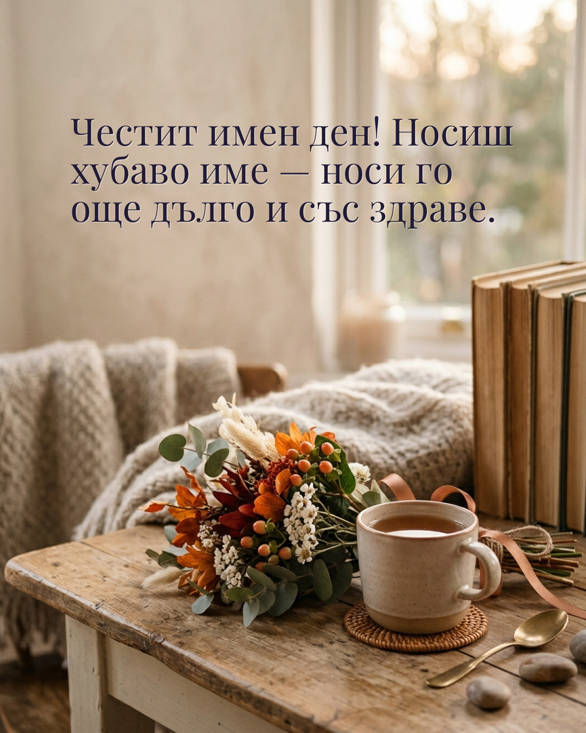 Картички за имен ден с пожелание: „Честит имен ден! Носиш хубаво име — носи го още дълго и със здраве.“