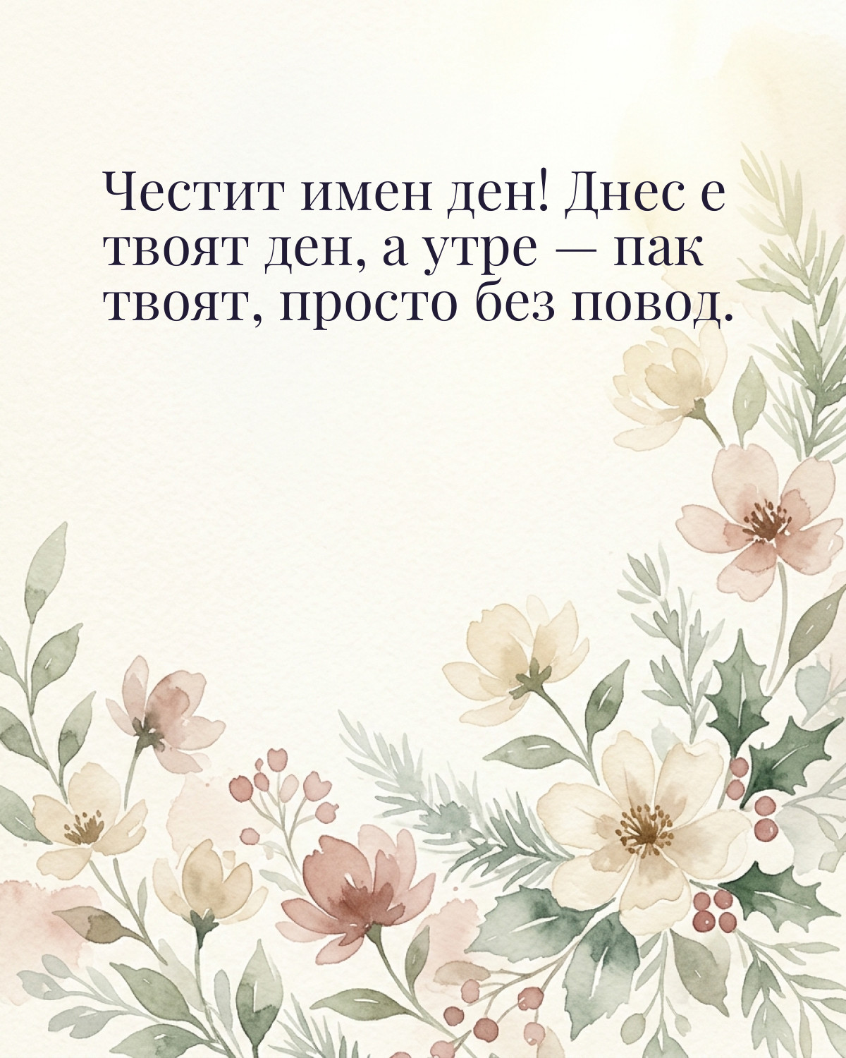 Картички за Никулден с пожелание: „Честит имен ден! Днес е твоят ден, а утре — пак твоят, просто без повод.“