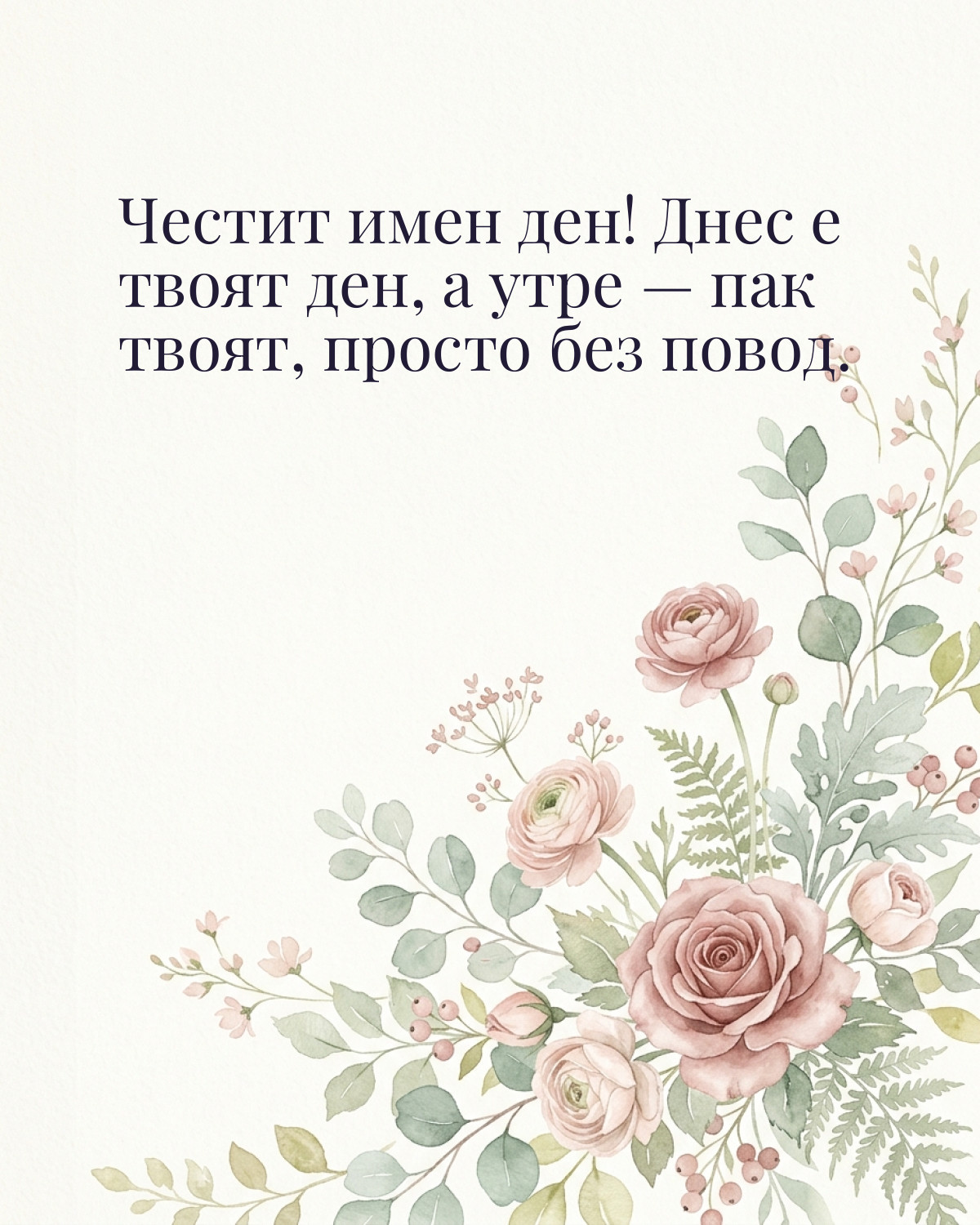 Картички за имен ден с пожелание: „Честит имен ден! Днес е твоят ден, а утре — пак твоят, просто без повод.“