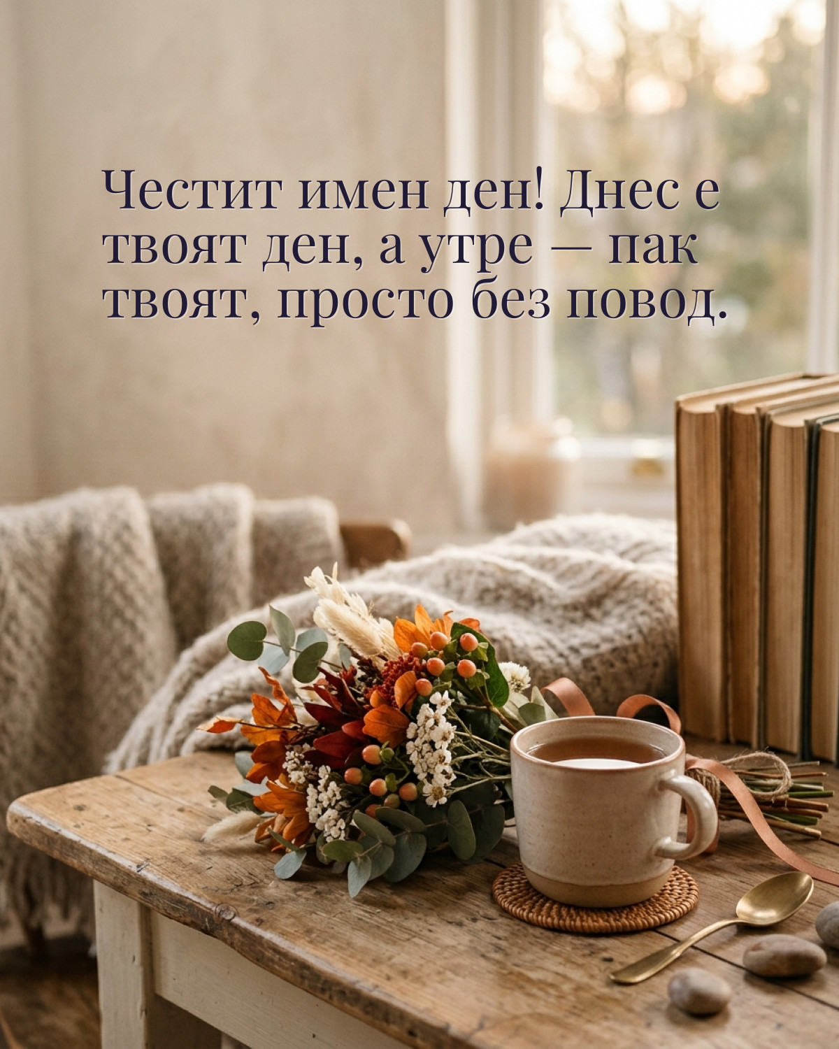 Картички за имен ден с пожелание: „Честит имен ден! Днес е твоят ден, а утре — пак твоят, просто без повод.“