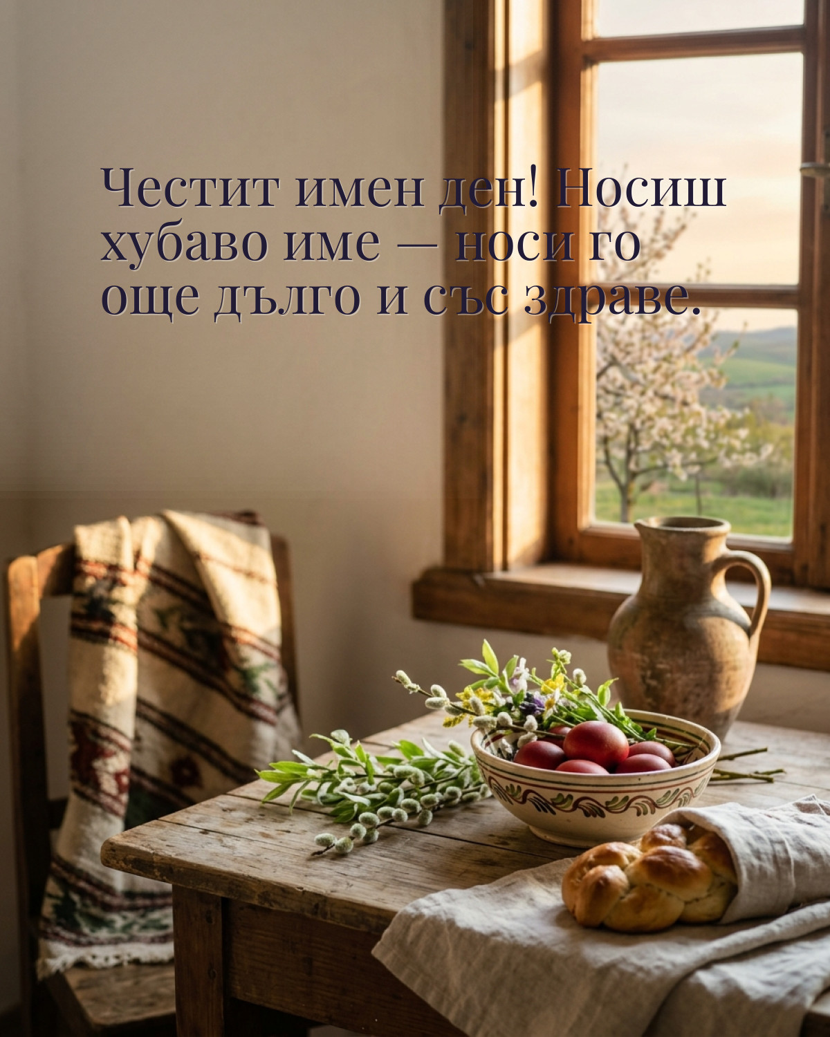 Картички за Гергьовден с пожелание: „Честит имен ден! Носиш хубаво име — носи го още дълго и със здраве.“